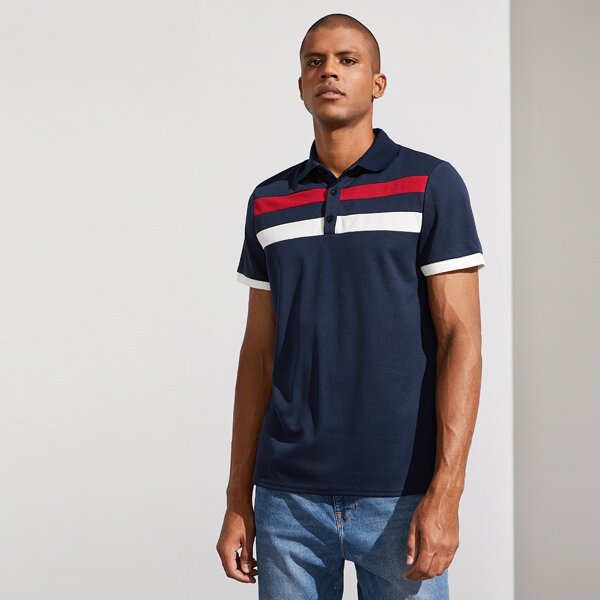 Men Contrast Panel Polo Shirt, Navy 
Men Contrast Panel Polo Shirt, Navy