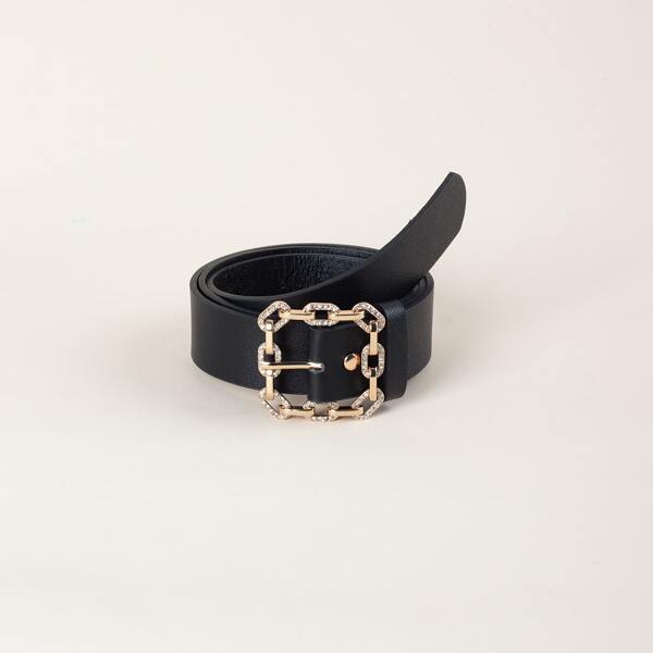 Ремень с металлической пряжкой и стразами, Чёрный 
Ремень с металлической пряжкой и стразами, Чёрный