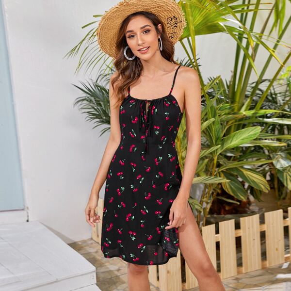 Tie Front Cherry Print Cami Dress, Black
Tie Front Cherry Print Cami Dress, Black