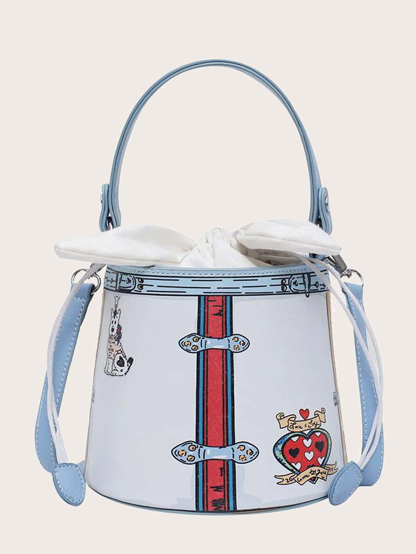 Drawstring Decor Cartoon Graphic Satchel Bag