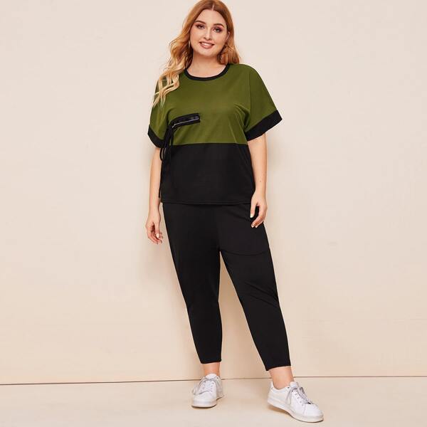 Plus Zip Detail Color Block Ringer Tee With Pants, Multicolor
Plus Zip Detail Color Block Ringer Tee With Pants, Multicolor