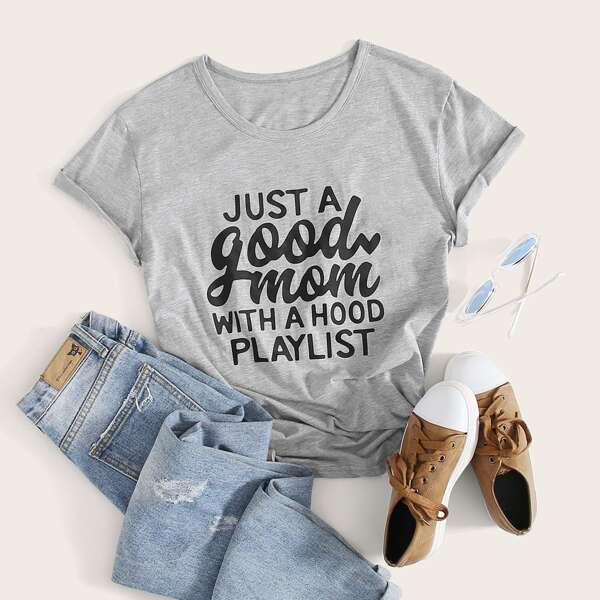 Slogan Graphic Short Sleeve Tee, Grey
