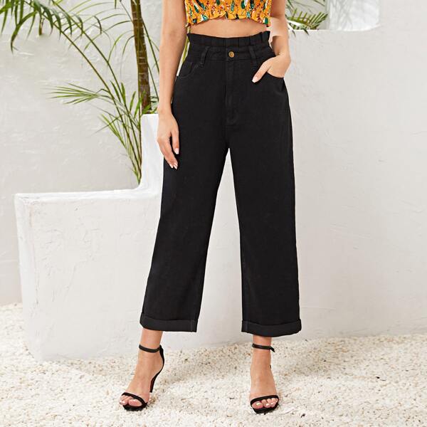 Paperbag Waist Roll Up Hem Jeans, Black