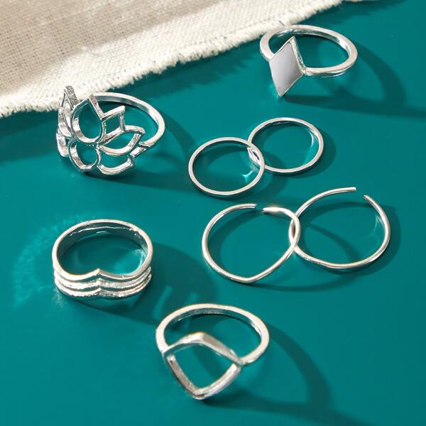8pcs Hollow Out Floral Decor Ring, Silver