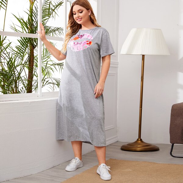 Plus Lip Print Long Tee Dress, Grey