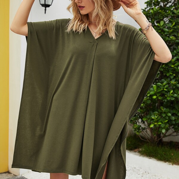 Solid V Neck Tee Dress, Army green
