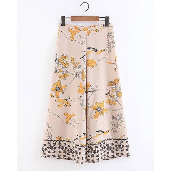 Tribal & Floral Print Wide Leg Pants, Beige