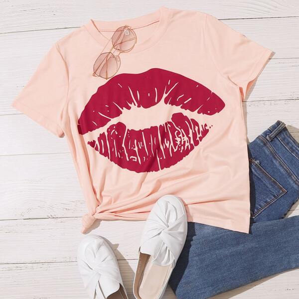 Lip Graphic Round Neck Tee, Pink
