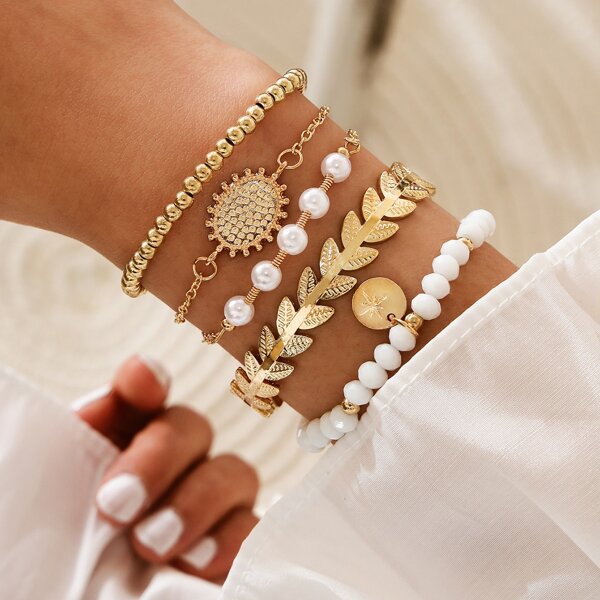 5pcs Faux Pearl Decor Bracelet, Gold