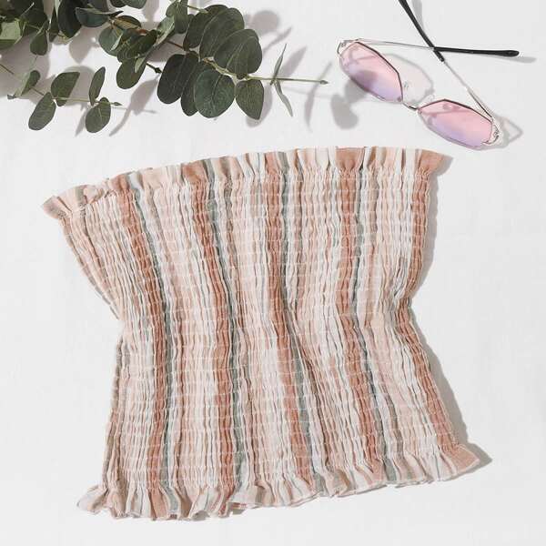 Frill Trim Shirred Striped Tube Top, Multicolor