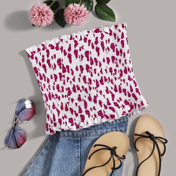 Frill Trim Shirred Allover Print Top, Multicolor
Frill Trim Shirred Allover Print Top, Multicolor