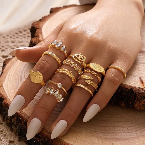 13pcs Rhinestone Decor Ring, Gold