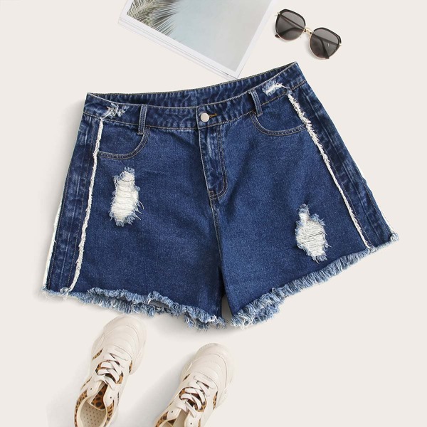Plus Ripped Raw Hem Denim Shorts, Navy blue
Plus Ripped Raw Hem Denim Shorts, Navy blue