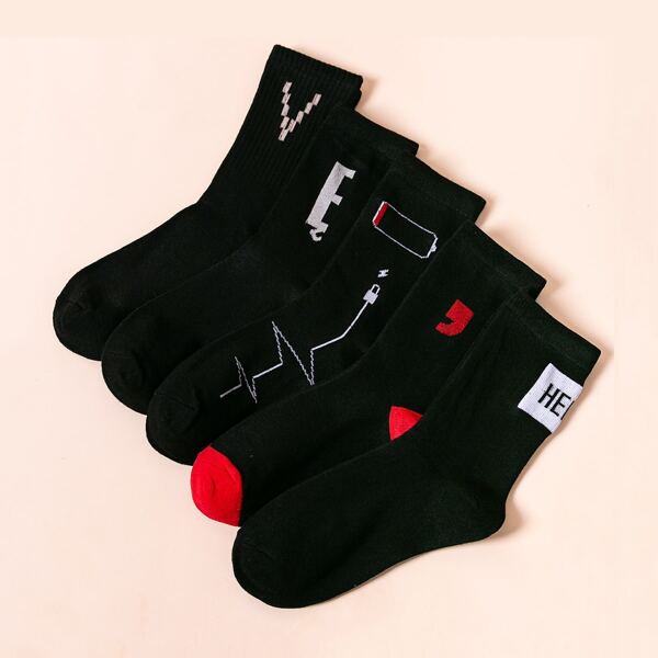 5pairs Men Slogan Graphic Socks, Black