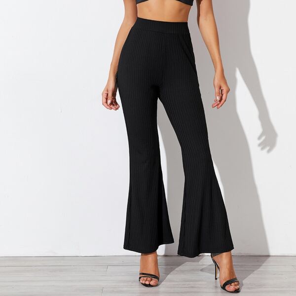 Solid Rib-knit Flare Leg Pants, Black