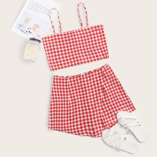 Tie Back Gingham Cami Top & Skort Set, Red