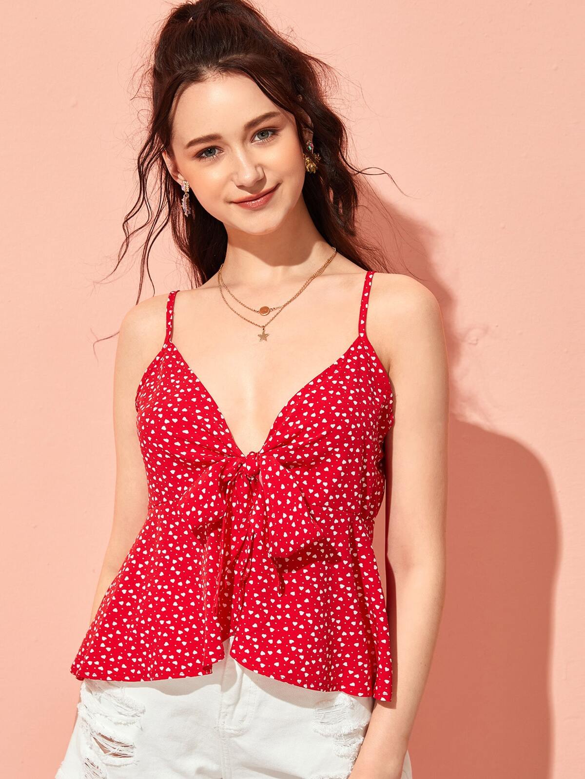 All Over Print Tie Front Cami Top