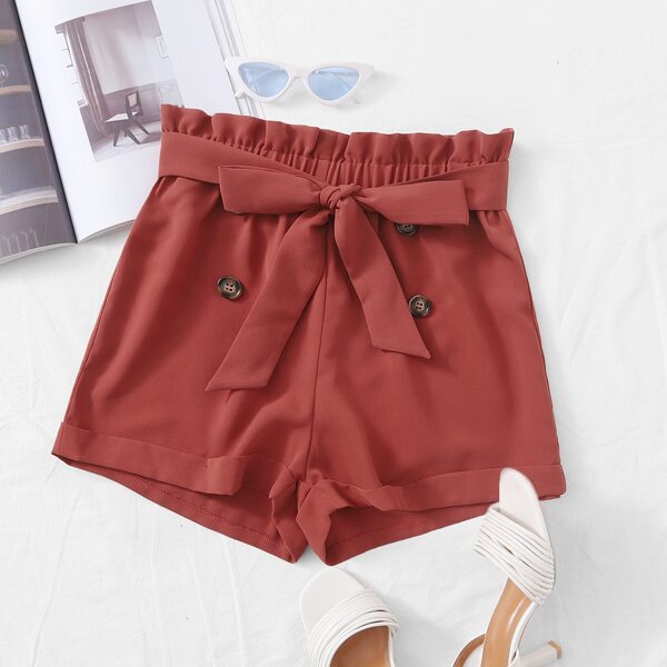 Paperbag Waist Double Button Belted Shorts, Red