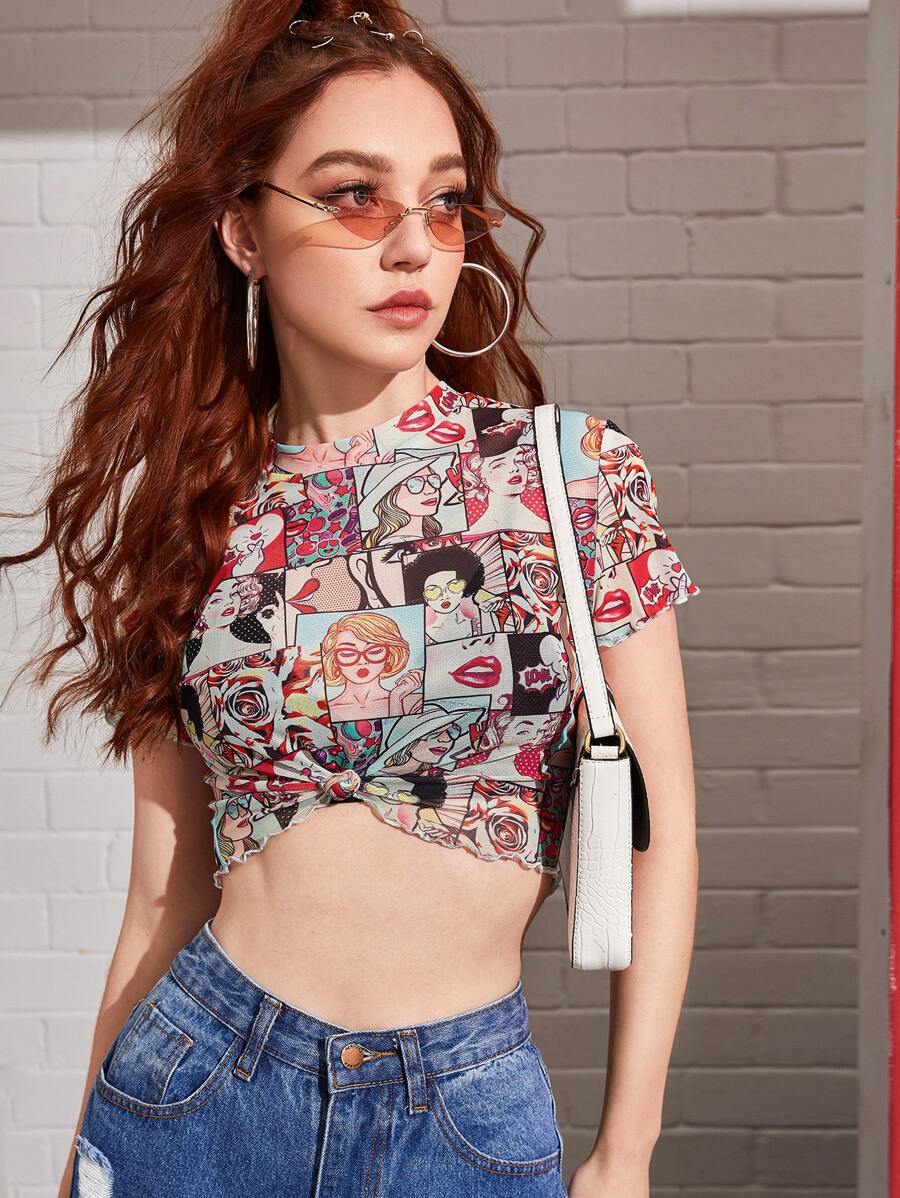 SHEIN EZwear Veel kleurig Casual Pop Art Print Dame top Plooiingen