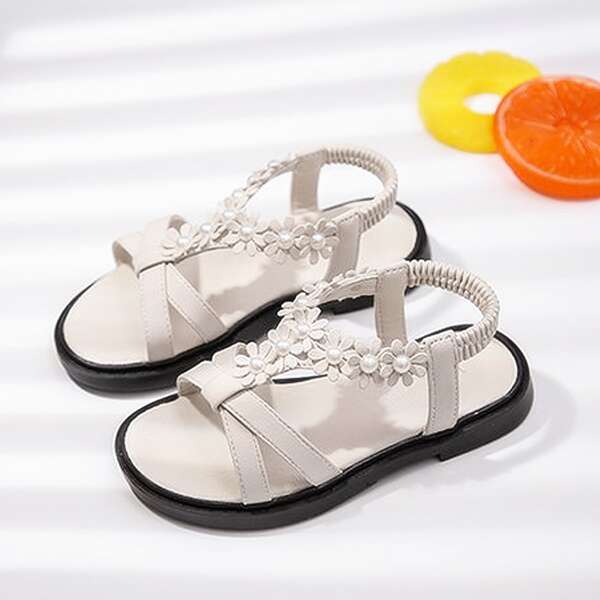 Girls Floral Appliques Cross Strap Sandals, Beige