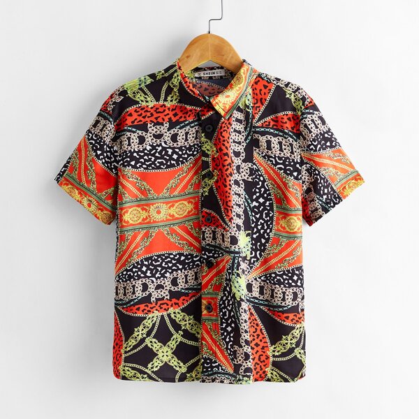 Boys Chain & Scarf Print Shirt, Multicolor