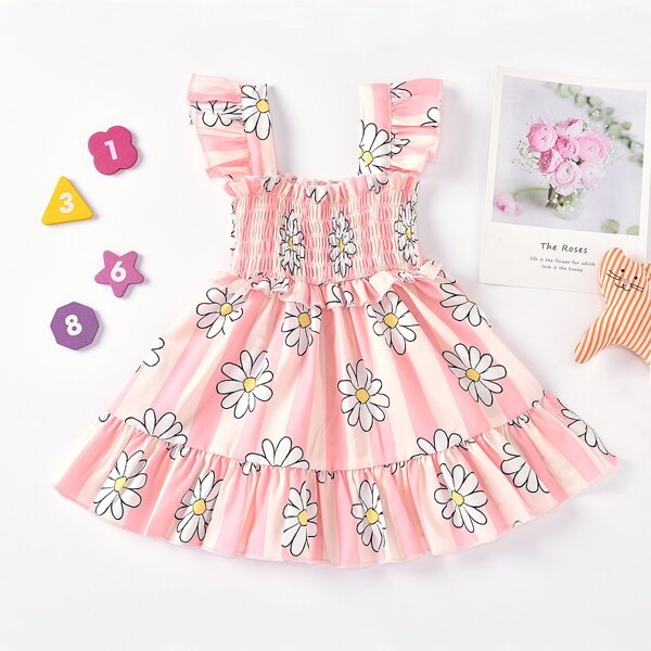 Baby Girl Stripe & Floral Print Shirred Detail Dress, Pink