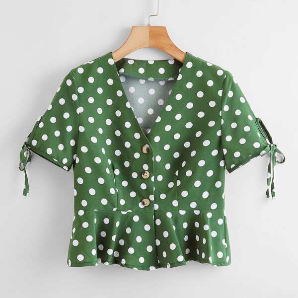 Polka Dot Button Front Tie Cuff Blouse, Green