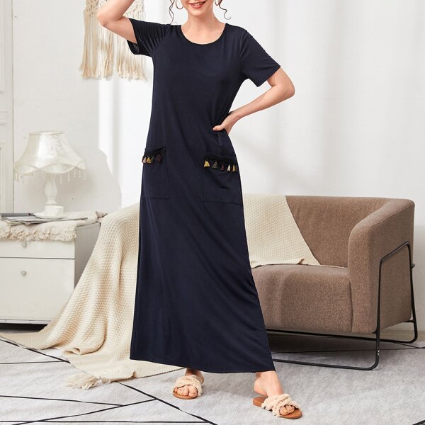 Tassel Tape Pocket Front Dress, Navy blue