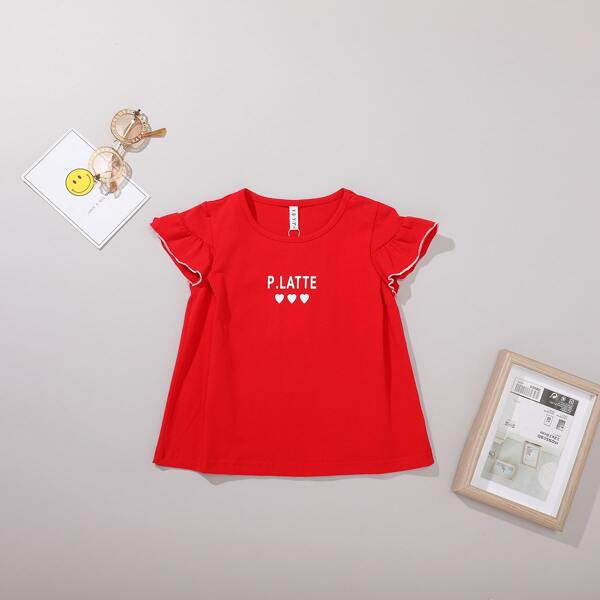 Футболка с текстовым принтом для девочек, Красный 
Футболка с текстовым принтом для девочек, Красный