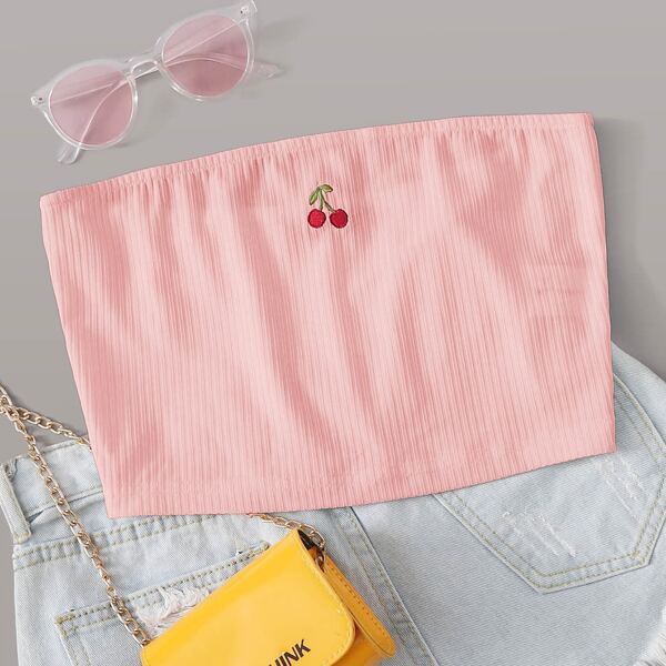 Embroidered Cherry Detail Tube Top, Pink