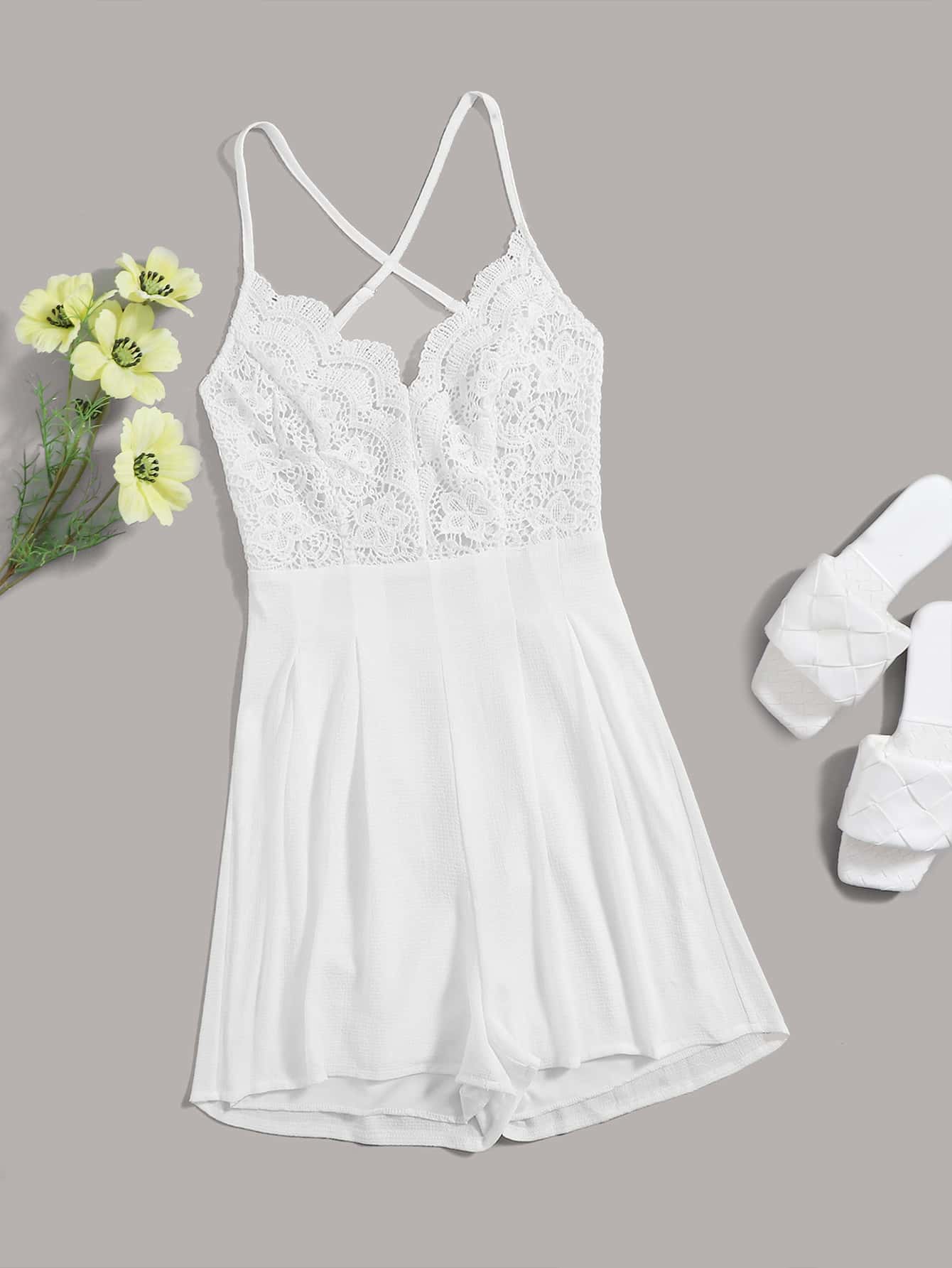 Guipure Lace Backless Cami Romper