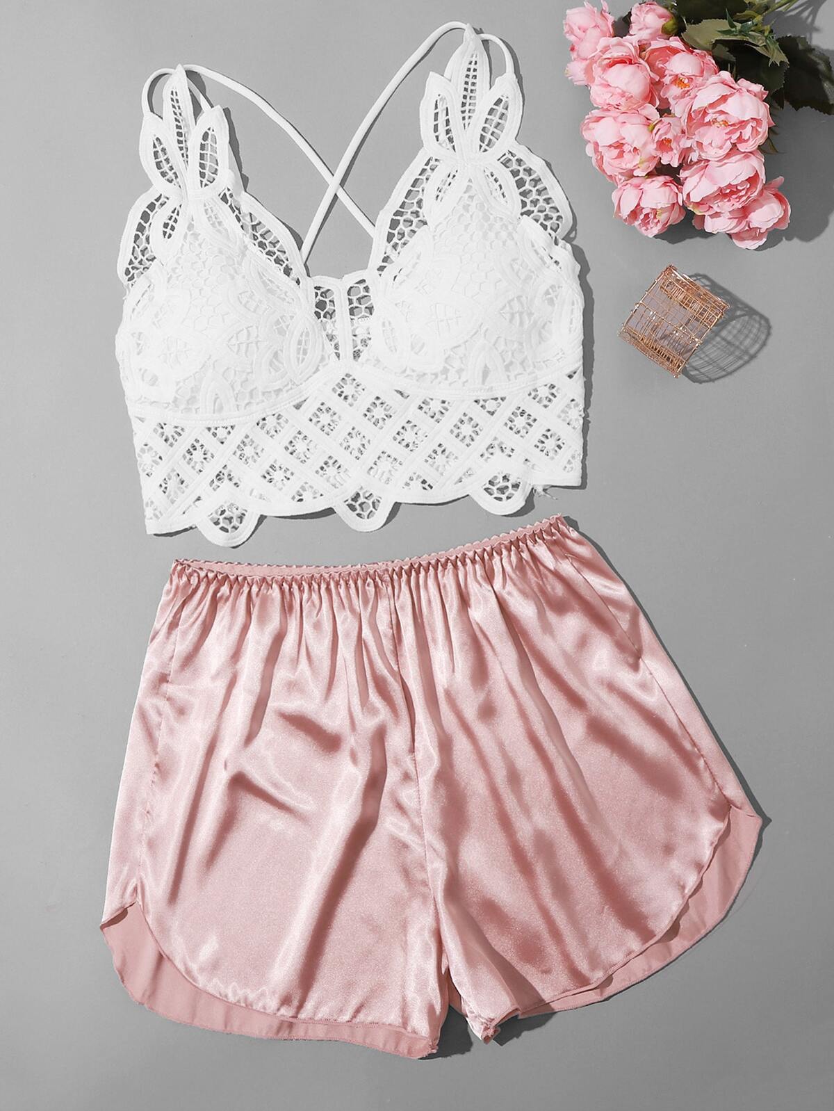 Floral Lace Cami Top & Satin Shorts PJ Set