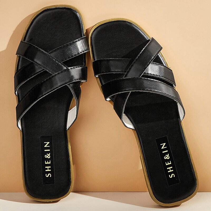 Cross Strap Flat Sliders, Black 
Cross Strap Flat Sliders, Black