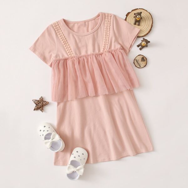 Toddler Girls Contrast Lace Mesh Panel Dress, Pink 
Toddler Girls Contrast Lace Mesh Panel Dress, Pink