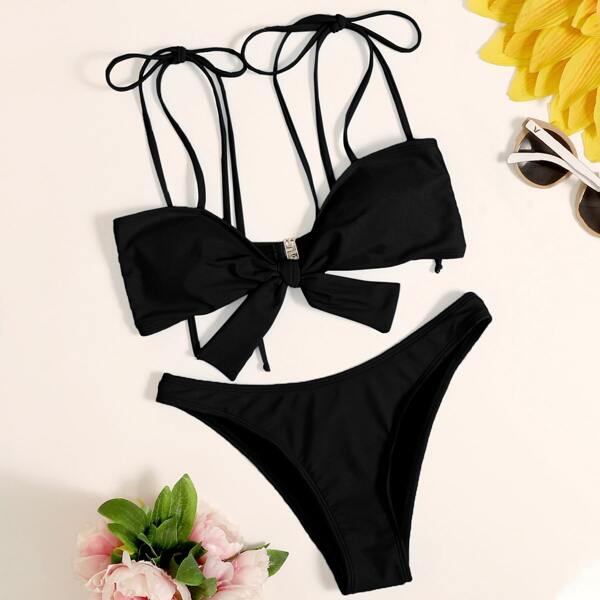 Knot Front Tie Shoulder Bikini Swimsuit, Black