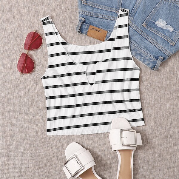 Notch Neck Rib-knit Striped Tank Top, White