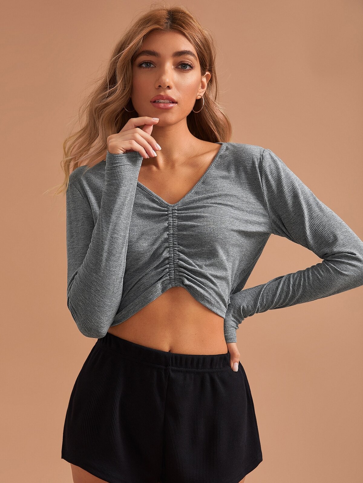 Ruched Front Detail Solid Rib-knit Lounge Top