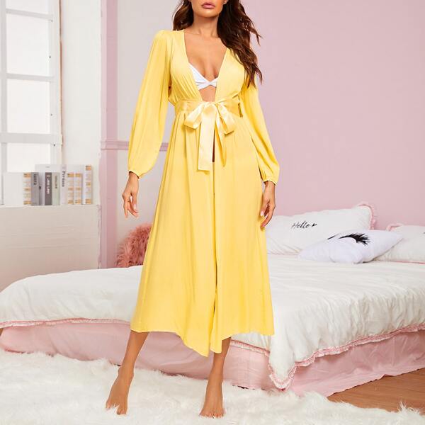 Solid Self Tie Night Robe, Yellow