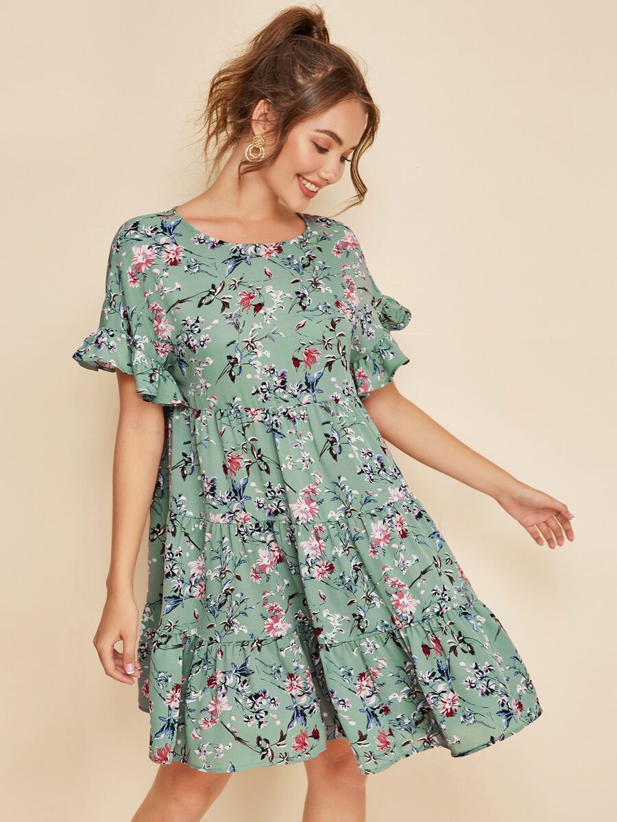 SHEIN Keyhole Back Flounce Sleeve Floral Smock Dress