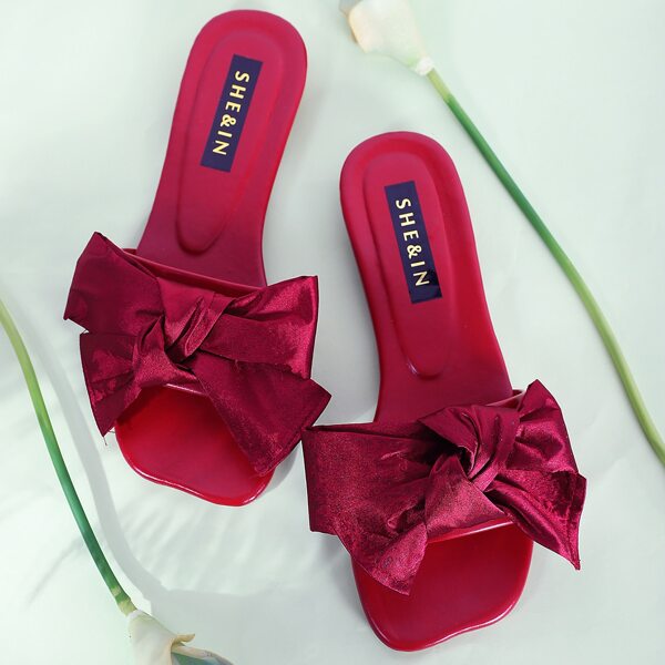 Open Toe Bow Decor Sliders, Red