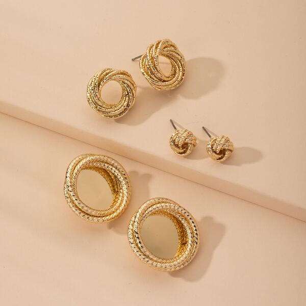 3pairs Round Earrings Set, Gold