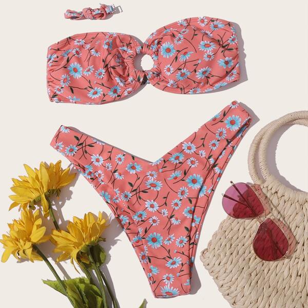 Floral Ring Linked Bandeau High Cut Bikini Swimsuit, Dusty pink