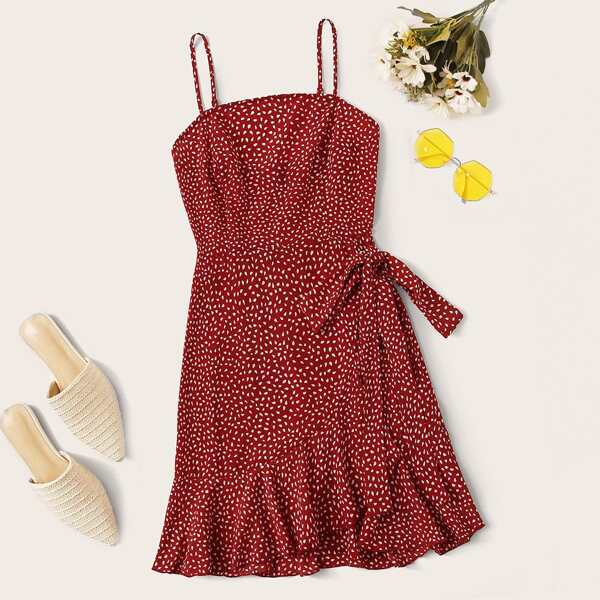 Plus Ruffle Hem Tie Side Allover Print Cami Dress, Red