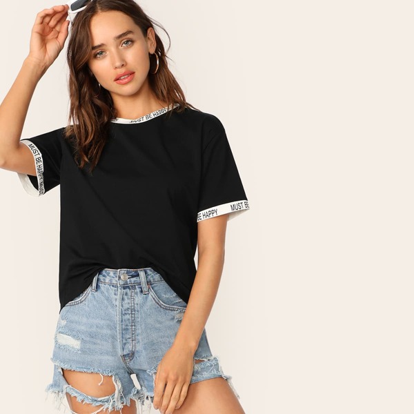 Contrast Cuff & Neck Letter Tape Tee, Black