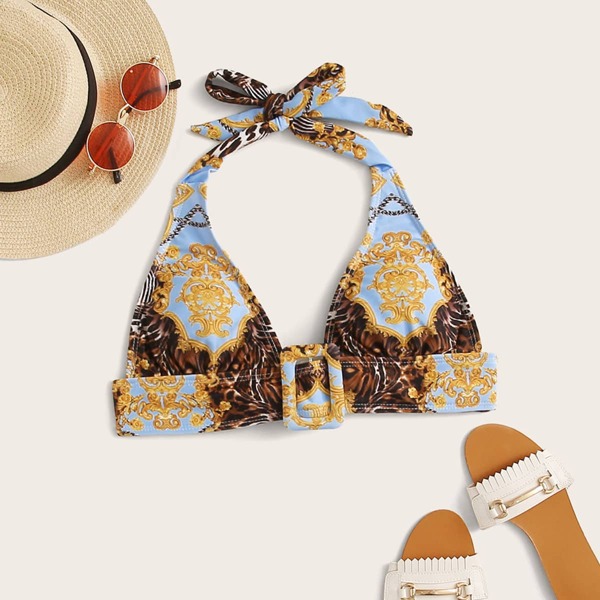 Scarf Print Halter Bikini Top, Multicolor