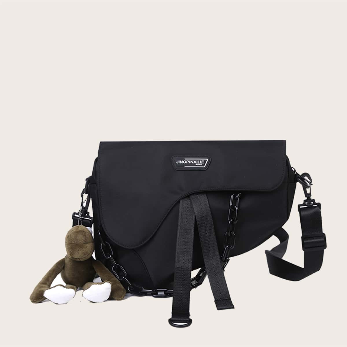 Chain Decor Saddle Bag With Bag Charm, Black 
Chain Decor Saddle Bag With Bag Charm, Black