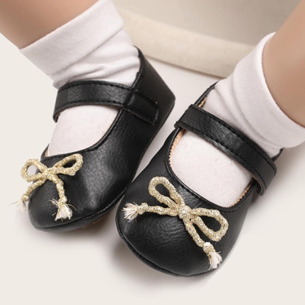 Baby Girl Bow Decor Velcro Strap Flats, Black