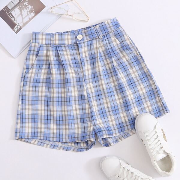 Tartan Plaid Wide Leg Shorts, Blue