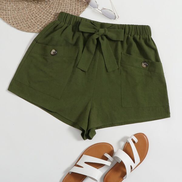 Buttoned Pocket Front Tie Waist Shorts, Army green