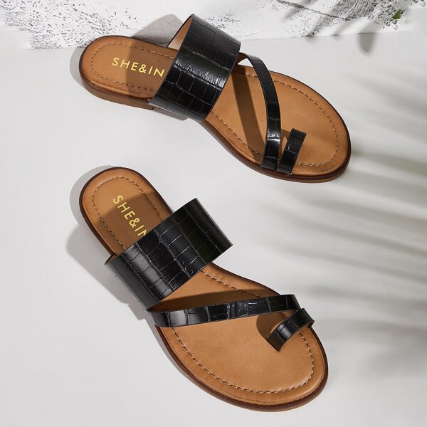 Croc Embossed Toe Ring Sliders, Black